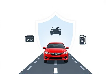 Car insurance roadside assistance shield protecting vehicle with service icons.