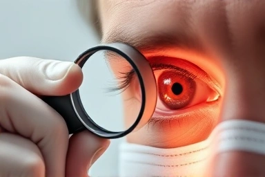 Doctor examining eye, insurance policy, time-sensitive medical information