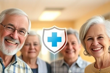 Elderly people smiling, representing health and insurance coverage.