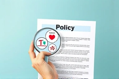 Close-up of insurance policy with symbols of medical benefits.