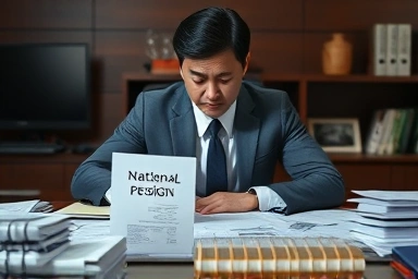 Stressed businessman reviewing national pension documents.