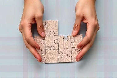 Hands assembling puzzle pieces for financial security and well-being.