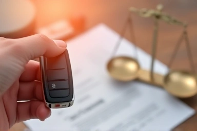Car key with legal documents and scales of justice in background