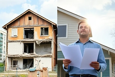 Contrast of earthquake damage vs. insurance peace of mind.