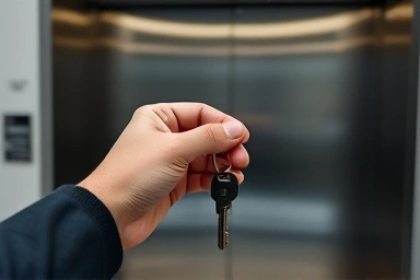 Hand holding a key near an elevator panel, symbolizing responsibility.