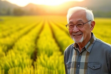 Elderly Korean couple enjoying retirement on their farm.