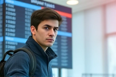 Traveler stressed by flight delay, seeking insurance protection.