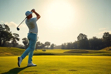 Golfer celebrating hole-in-one with financial security concept.