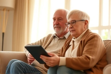 Elderly couple planning future with tablet, symbolizing security
