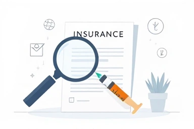 Insurance document with magnifying glass over syringe