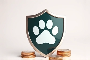 Shield protecting paw print from coins, symbolizing pet insurance