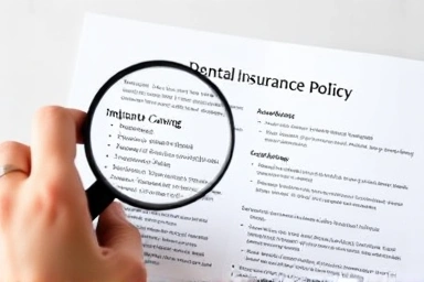 Magnifying glass over dental insurance policy details.