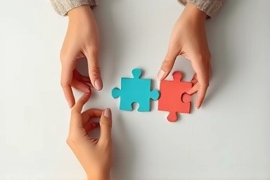 Hands arranging puzzle pieces of different sizes, representing insurance choices.