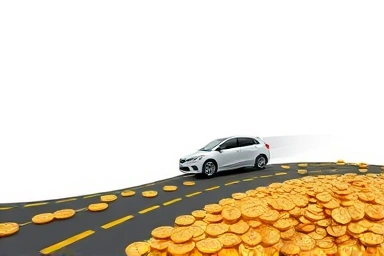 Car driving on road turning into money, symbolizing insurance savings