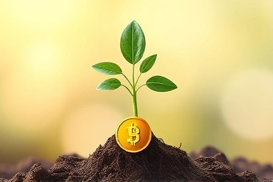 Symbolic plant with golden coin for long-term financial growth and tax protection.
