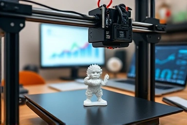 3D printer creating custom figurine in home office