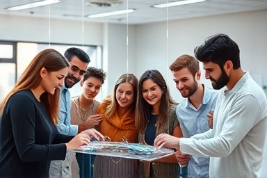 People working on futuristic AI data labeling interface.
