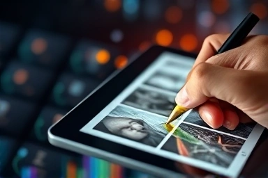Hand meticulously annotating digital images for AI.