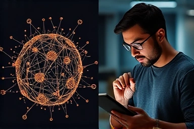 AI generating design elements, human designer refining them for collaboration.