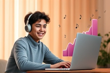 Person earning income from AI music creation on laptop.