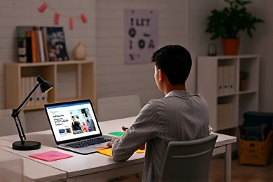 Person creating PPT templates on laptop with AI.