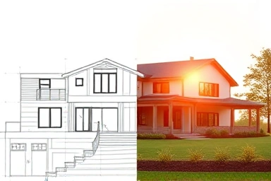 Modern house blueprint vs. photorealistic 3D rendering