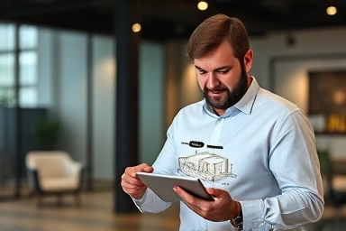 Architect discussing 3D visualizations with a client