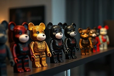 Collection of rare Bearbrick toys on a modern shelf.