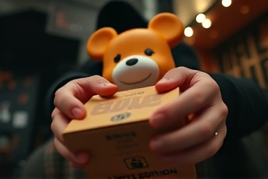 Hands unboxing a limited-edition Bearbrick.