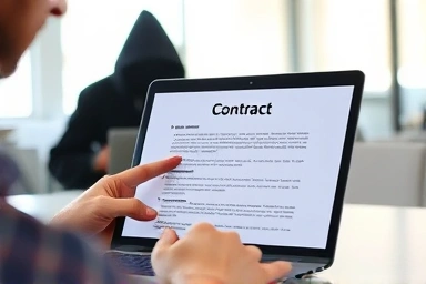 Cautious person checking digital contract, hidden scammer behind screen.
