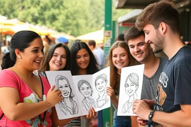 Happy people receiving personalized caricatures from artist