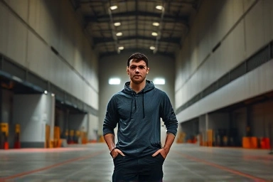 Determined person at night logistics warehouse entrance.