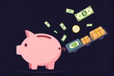 Financial growth symbolized by money flowing into a piggy bank.