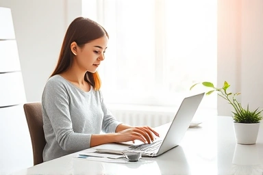 Focused woman working on laptop in home office, data visualization.