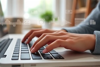 Hands typing on keyboard, data labeling icons overlayed.