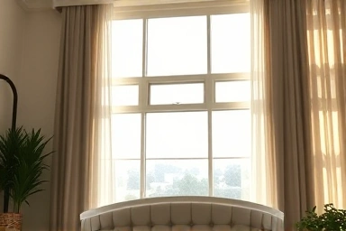 Modern living room with stylish curtains and blinds.