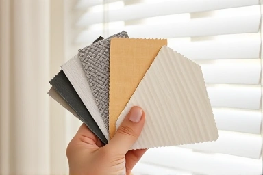 Fabric swatches and blind samples for interior design choice.