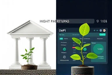 DeFi interest farming versus traditional banking, showing growth potential.