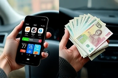 Ride-hailing apps and money symbolizing income from driving.