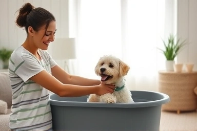 Mobile dog groomer bathing happy dog in home environment