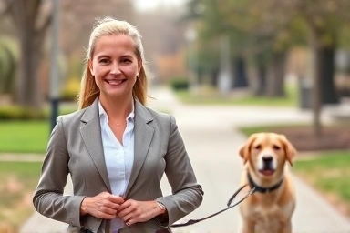 Professional dog walker with happy dog in park