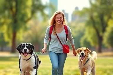 Happy person walking dogs in park