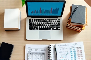 Desk with laptop, notebook, and books for financial planning.