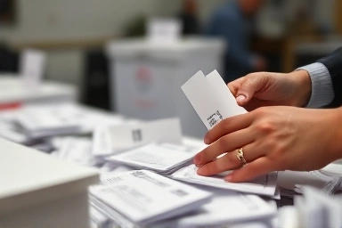 Close-up of hands counting election ballots, symbolizing election work.