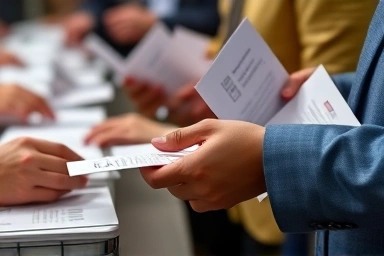 Hands performing election tasks like counting or distributing