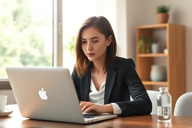Woman working remotely as an English translator from home.