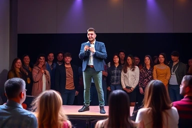 Successful event host engaging with a happy audience.