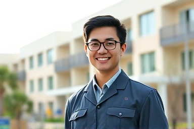 Happy Everland cast member at dormitory entrance