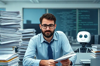 Office worker stressed by repetitive tasks, relieved by automation.