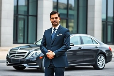 Professional chauffeur in front of executive car, corporate setting